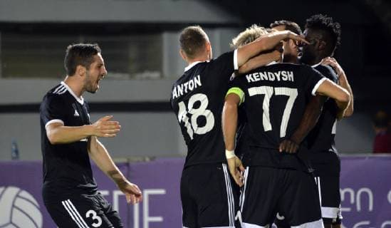 16.07.2019 Tbilisi(Georgia Gruzia) FC Saburtalo-FC Sheriff Tiraspol UEFA Champions League qualify 1st leg men s football Mateo Muzek(L),Robert Ndip Tambe(R) FC Sheriff celebrate during match :Str 