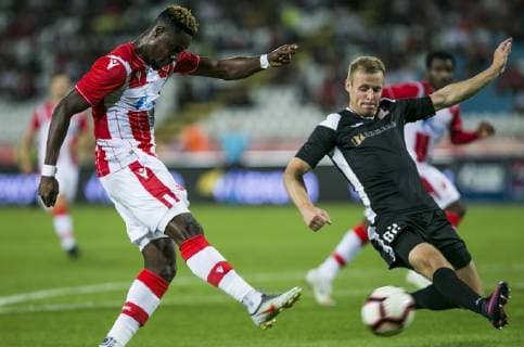 16th July 2019; Rajko Miti& x107; Stadium, Belgrade, Serbia; Champions League football, Red Star Belgrade versus FK Suduva; Boakye of Red Star Belgrade shoots on goal  ActionPlus12154175 NikolaxKrstic