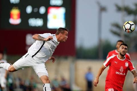 F91 Dudelange captain Tom Schnell (L) clears his lines during the UEFA Champions League, First Qualifying Round, 2nd leg match between the two teams at the Centenary Stadium, Ta Qali, Malta on 16 July, 2019. Valletta FC v Dudelange UCL_19_20