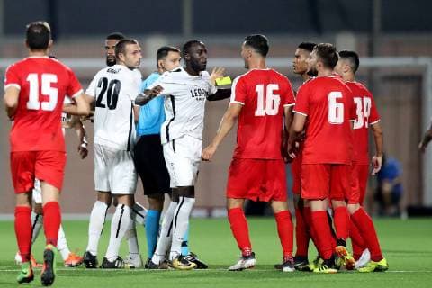 F91 Dudelange and Valletta FC soccer players in a heated moment during the UEFA Champions League, First Qualifying Round, 2nd leg match between the two teams at the Centenary Stadium, Ta Qali, Malta on 16 July, 2019. Valletta FC v Dudelange UCL_19_20