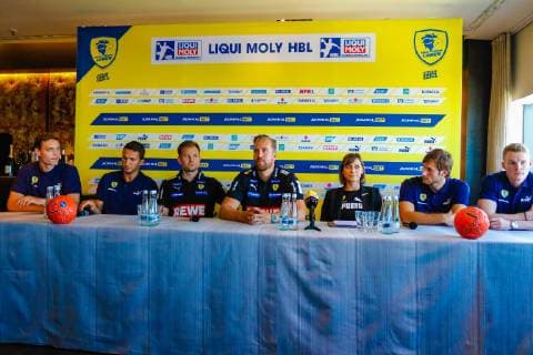 Rhein Neckar Loewen press conference on 16 07 2019 at Le Corange near Engelhorn in Mannheim From left to right Niclas Kirkelokke, Romain Lagarde, Rhein Neckar Loewe trainer Kristjan Andresson, team manager Oliver Roggisch, managing director Jennifer Kettemann, Uwe Gensheimer and Tim Ganz Mannheim 16 07 19 Handball jersey presentation, Mannheim Baden Wuerttemberg Germany