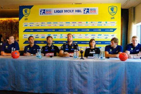 Rhein Neckar Loewen press conference on 16 07 2019 at Le Corange near Engelhorn in Mannheim From left to right Niclas Kirkelokke, Romain Lagarde, Rhein Neckar Loewe trainer Kristjan Andresson, team manager Oliver Roggisch, managing director Jennifer Kettemann, Uwe Gensheimer and Tim Ganz Mannheim 16 07 19 Handball jersey presentation, Mannheim Baden Wuerttemberg Germany