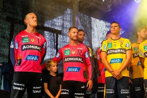 Rhein Neckar Loewen Rhein Neckar Loewe Mikael Appelgren Nr 1 , Rhein Neckar Loewe Andreas Palicka Nr 12 and Rhein Neckar Loewe Andy Schmid Nr 2 at the jersey presentation on 16 07 2019 on the Kapuzinerplanken in Mannheim Mannheim 16 07 19 Handball jersey presentation , Mannheim Baden Wuerttemberg Germany