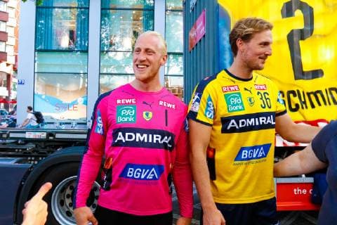 Rhein Neckar Loewen Rhein Neckar Loewe Mikael Appelgren Nr 1 and Rhein Neckar Loewe Jesper Nielsen Nr 36 signing autographs on the Kapuzinerplanken in Mannheim 16 07 2019 Mannheim 16 07 19 handball jersey presentation , Mannheim Baden Wuerttemberg Germany
