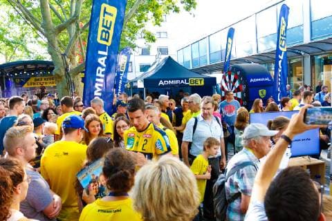 Rhein Neckar Loewen Rhein Neckar Loewe Andy Schmid Nr 2 signing autographs on the Kapuzinerplanken in Mannheim 16 07 2019 Mannheim 16 07 19 Handball jersey presentation , Mannheim Baden Wuerttemberg Germany