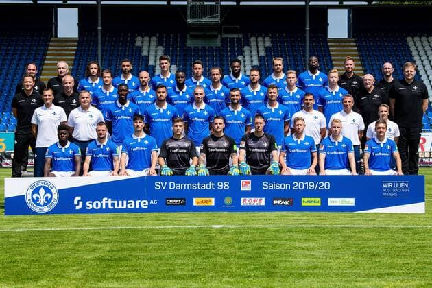 17 07 2019, xfux, Fussball 2 Bundesliga, SV Darmstadt 98, 2 BL, portrait date 2019 2020, team photo, emonline, emspor, v l hi series by Matthias Neumann, coach Michael Richter, Julian von Haacke, Victor Palsson, Mathias Honsak, Fabian Schnellhardt, Mandela Egbo, Immanuel Hoehn, Wilson Kamavuaka, physiotherapist Bjoern Rein, physiotherapist Dirk Schmitt, 3rd row from left team manager Michael Stegmayer, physiotherapist Sebastian Pommer, Johannes Wurtz, Patrick Herrmann, Erich Berko, Yannick Stark, Tobias Kempe, Tim Skarke, Leon Mueller, Team Doctor Dr Michael Weingart, Team Doctor Dr Philip Jessen, 2 row from left Co Coach Kai Peter Schmitz, Goalkeeper Coach Uwe Zimmermann, Patric Pfeiffer, Dario Dumic, Felix Platte, Serdar Dursun, Mathias Wittek, Coach Dimitrios Grammozis, Co Coach Iraklis Metaxas, Co Trainer Sven Piepenbrock, Front row v li Braydon Manu, Marcel Heller, Ensar Arslan, Carl Leonhard, Marcel Schuhen, Florian Stritzel, Sebastian Hertner, Fabian Holland, Marvin Mehlem Darmstadt