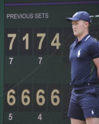 Wimbledon ball boy stands next to scoreboard, scoreboard, detail, Copyright: xJuergenxHasenkopfx