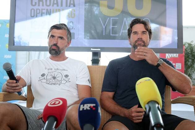 PXL_Ivanisevic and Rafter announced an exibition match 17.07.2019., Umag, Croatia - 30. Plava laguna Croatia Open Umag 2019. Goran Ivanisevic and Patrick Rafter with Lawrence Frankopan announced an exibition match Ivanisevic vs Rafter .  GoranxStanzl PIXSELL
