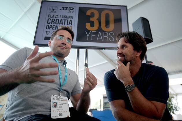 PXL_Ivanisevic and Rafter announced an exibition match 17.07.2019., Umag, Croatia - 30. Plava laguna Croatia Open Umag 2019. Goran Ivanisevic and Patrick Rafter with Lawrence Frankopan announced an exibition match Ivanisevic vs Rafter .  GoranxStanzl PIXSELL