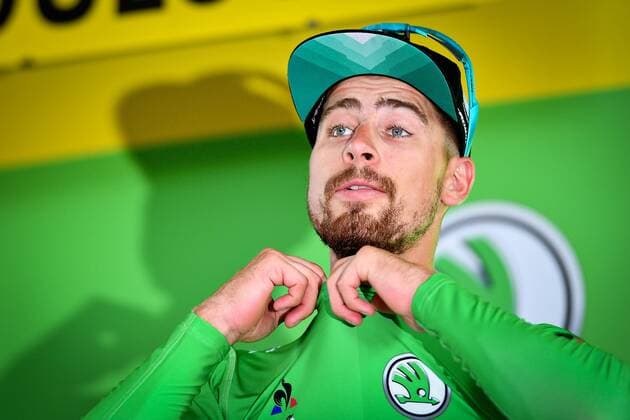 Slovakian Peter Sagan of Bora-Hansgrohe celebrates on the podium in the green jersey of the leader in the points ranking after the eleventh stage of the 106th edition of the Tour de France cycling race, 167 km from Albi to Toulouse, Wednesday 17 July 2019 in France. This year s Tour de France starts in Brussels and takes place from July 6th to July 28th. DAVIDxSTOCKMAN  x05627797x
