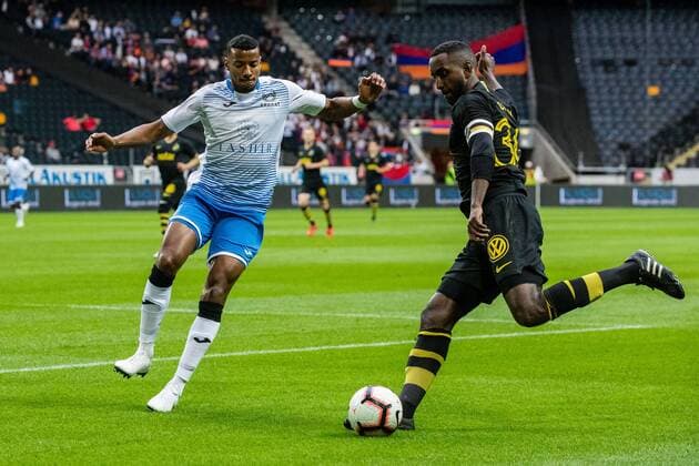 190717 Georgi Pashov of Ararat Armenia and Henok Goitom of AIK during the UEFA Champions League qualifying match between AIK and Ararat Armenia on July 17, 2019 in Stockholm,  Copyright: ANDREASxLxERIKSSON BB190717AE008