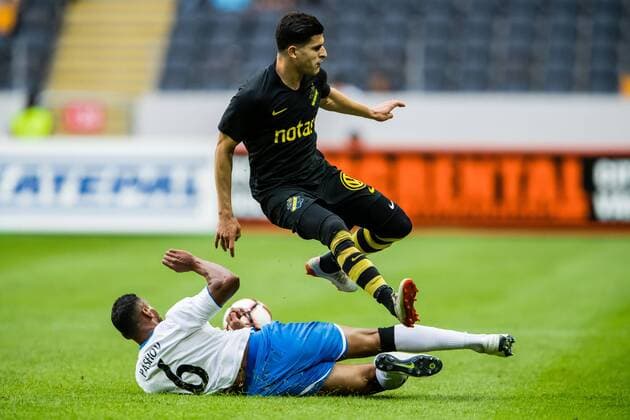 190717 Georgi Pashov of AIK and Tarik Elyounoussi of AIK during the UEFA Champions League qualifying match between AIK and Ararat Armenia on July 17, 2019 in Stockholm,  Copyright: ANDREASxLxERIKSSON BB190717AE013