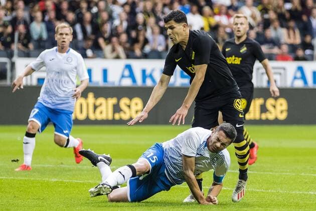 190717 Tarik Elyounoussi of AIK and Dmitri Guz of Ararat Armenia during the UEFA Champions League qualifying match between AIK and Ararat Armenia on July 17, 2019 in Stockholm,  Copyright: ANDREASxLxERIKSSON BB190717AE014