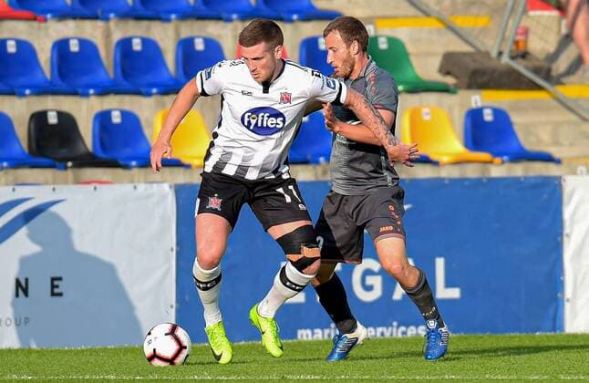 UEFA Champions League Second Qualifying Round First Leg, Skonto Stadium, Riga, Latvia 17 72019 Riga FC vs Dundalk Dundalk s Patrick McEleney and Armands Petersons of Riga Patrick McEleney and Armands Petersons 17 7 2019  Copyright: x©INPHO LETAx DSC_6370