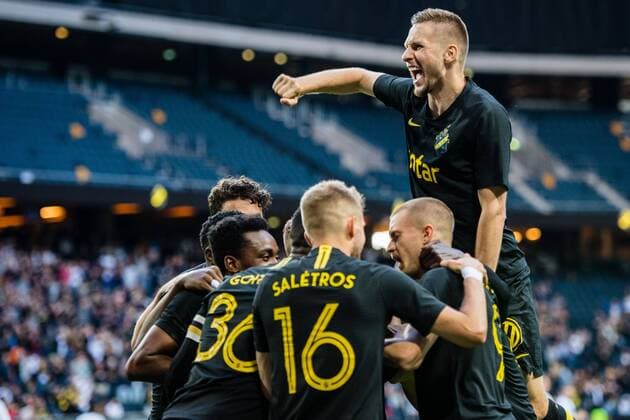 190717 Karol Mets of AIK celebrates after 1 0 by Henok Goitom during the UEFA Champions League qualifying match between AIK and Ararat Armenia on July 17, 2019 in Stockholm Photo Maxim Thore BILDBYRAN bbeng fotball fotboll football kval till champions league soccer champions league qualification aik ararat armenia celebraiton jubel,  Copyright: MAXIMxTHORE BB190717MT032