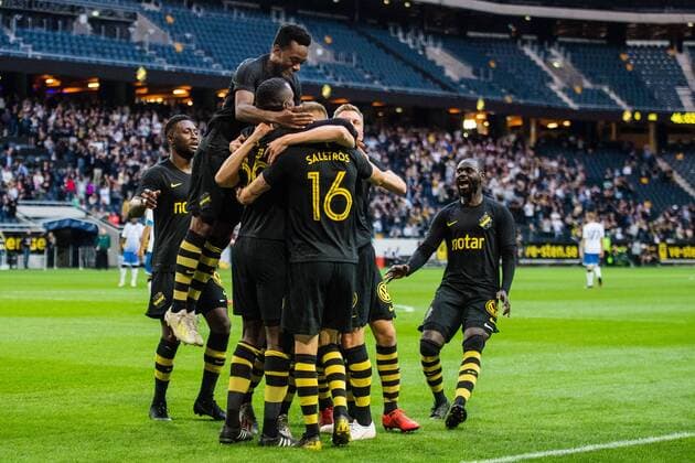 190717 Henok Goitom of AIK celebrates with teammates after 1 0 during the UEFA Champions League qualifying match between AIK and Ararat Armenia on July 17, 2019 in Stockholm Photo Maxim Thore BILDBYRAN bbeng fotball fotboll football kval till champions league soccer champions league qualification aik ararat armenia celebration jubel,  Copyright: MAXIMxTHORE BB190717MT037