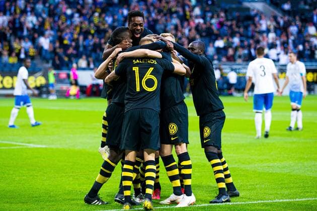 190717 AIKs Henok Goitom rejoices with Heradi Rashidi, Anton Saletros and Enoch Kofi Adu after 1 0 during the qualifying match for the Champions League between AIK and FC Ararat Armenia on July 17, 2019 in Stockholm,  Copyright: KENTAxJÖNSSON ST190717AAB0C