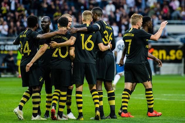 190717 Players of AIK celebrates 3 0 during the UEFA Champions League qualifying match between AIK and Ararat Armenia on July 17, 2019 in Stockholm Photo Maxim Thore BILDBYRAN bbeng fotball fotboll football kval till champions league soccer champions league qualification aik ararat armenia celebration jubel,  Copyright: MAXIMxTHORE BB190717MT045