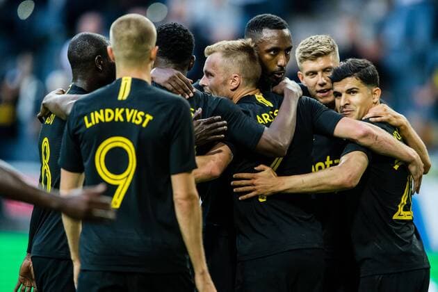 190717 Sebastian Larsson celebrates with teammates after 3 0 during the UEFA Champions League qualifying match between AIK and Ararat Armenia on July 17, 2019 in Stockholm,  Copyright: ANDREASxLxERIKSSON BB190717AE038