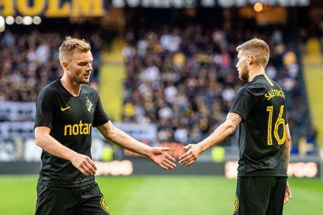 190717 Sebastian Larsson and Anton Saletros of AIK celebrate during the UEFA Champions League qualifying match between AIK and Ararat Armenia on July 17, 2019 in Stockholm Photo Maxim Thore BILDBYRAN bbeng fotball fotboll football kval till champions league soccer champions league qualification aik ararat armenia jubel,  Copyright: MAXIMxTHORE BB190717MT067
