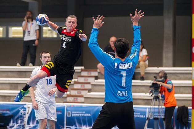 Pontevedra, Soania 19 July 2019 IHF Junior U21 World Championship Group D Germany vs Chile vs Fin Backs Germany MT Melsungen DjK Rimpar Woelfe , Vicente Gonzalez Chile Pontevedra Pabellon Municipal de Pontevedra Spain
