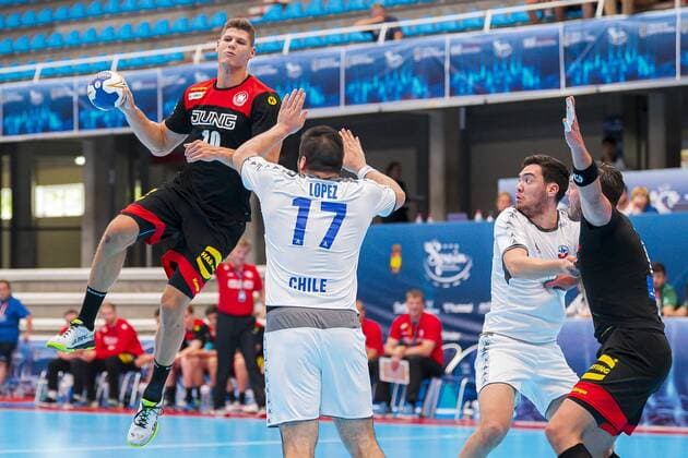 Pontevedra, Soania 19 July 2019 IHF Junior U21 WM Group D Germany vs Chile vs li Sebastian Heymann Germany Frisch Auf Goeppingen , Jose Luis Lopez Chile , Marcel Timm Germany HC 2000 Coburg am Kreis Pontevedra Pabellon Municipal de Pontevedra Spain