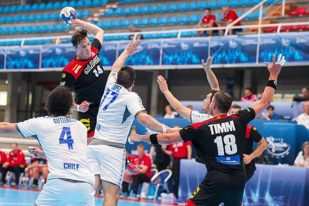 Pontevedra, Soania 19 July 2019 IHF Junior U21 World Championship Group D Germany vs Chile vs Felipe Gutierrez Chile , Jannek Klein Germany Owls Ludwigshafen , Jose Luis Lopez Chile , Marcel Timm Germany HC 2000 Coburg Pontevedra Pabellon Municipal de Pontevedra Spain
