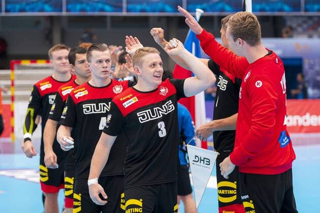 Pontevedra, Soania 19 July 2019 IHF Junior U21 World Championship Group D Germany vs Chile Fin Backs Germany MT Melsungen DjK Rimpar Woelfe , Dimitri Ignatow Germany MT Melsungen , Torhueter Till Klimpke Germany HSG Wetzlar Pontevedra Pabellon Municipal de Pontevedra Spain