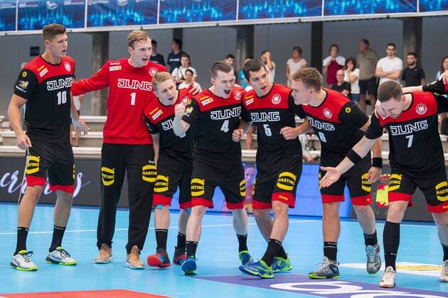 Pontevedra, Soania 19 July 2019 IHF Junior U21 WM Group D Germany vs Chile vs Sebastian Heymann Germany Frisch Auf Goeppingen , Torhueter Till Klimpke Germany HSG Wetzlar , Dimitri Ignatow Germany MT Melsungen ,Fin Backs Germany MT Melsungen DjK Rimpar Woelfe , Tim Matthes Germany Fuechse Berlin , Max Neuhaus Germany Owls Ludwigshafen Friesenheim , Max Staar Germany GWD Minden Jubel Freude Emotion Pontevedra Pabellon Municipal de Pontevedra Spain