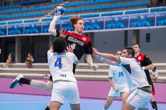 Pontevedra, Soania 19 July 2019 IHF Junior U21 World Championship Group D Germany vs Chile v li Felipe Gutierrez Chile , Lukas Stutzke Germany Bergischer HC Pontevedra Pabellon Municipal de Pontevedra Spain
