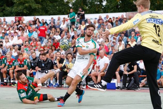 19 07 2019, xtgx, handball test game, SC Magdeburg SC DHfK Leipzig emspor, v l Marc Esche Leipzig scores goal, goal scorer, scores goal, scores goal Aschersleben