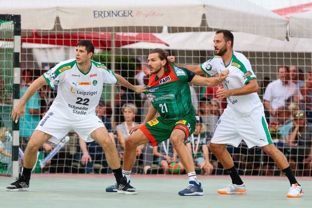 19 07 2019, xtgx, Handball test match, SC Magdeburg SC DHfK Leipzig emspor, v l Marko Mamic Leipzig , Erik Schmidt Magdeburg , Philipp Mueller Leipzig Duel, Battle, tackle Aschersleben