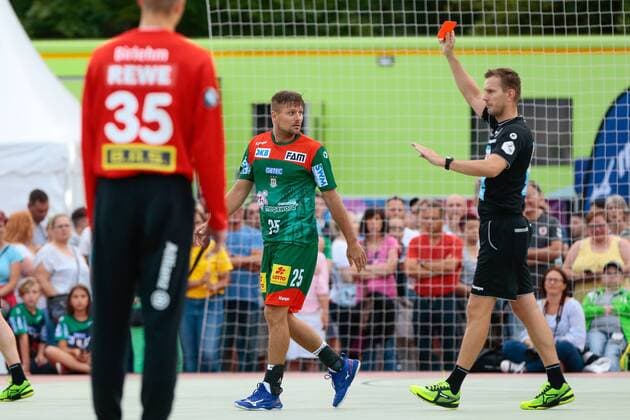 19 07 2019, xtgx, handball test match, SC Magdeburg SC DHfK Leipzig emspor, v l Marko Bezjak Magdeburg, 25 Red card, sent off, sent off Aschersleben