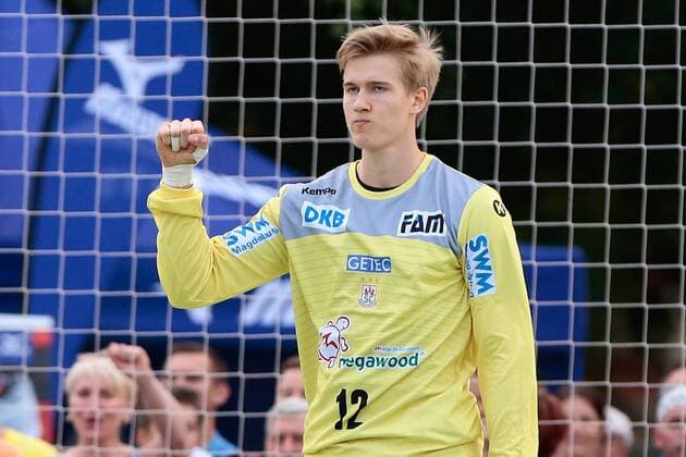 19 07 2019, xtgx, handball test game, SC Magdeburg SC DHfK Leipzig emspor, v l Tobias Thulin Magdeburg Cheers on ball held, defended, held, goalkeeper Aschersleben