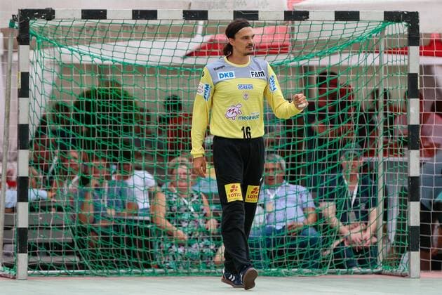 19 07 2019, xtgx, handball test match, SC Magdeburg SC DHfK Leipzig emspor, v l Jannick Green Krejberg Magdeburg, 16 cheers for ball held, defended, held, goalkeeper Aschersleben