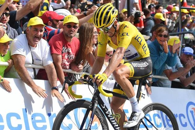 French Julian Alaphilippe of Deceuninck - Quick-Step wearing the yellow jersey crosses the finish line of stage 14 of the 106th edition of the Tour de France cycling race, from Tarbes to Tourmalet Bareges (117,5km), in France, Saturday 20 July 2019. This year s Tour de France starts in Brussels and takes place from July 6th to July 28th. DAVIDxSTOCKMAN  x05630781x