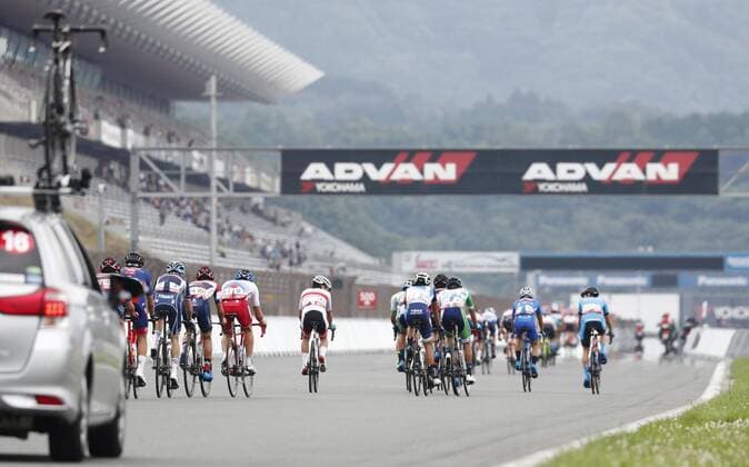 Cycling: pre-Olympic event Cyclists ride at the Fuji International Speedway circuit in Oyama in Shizuoka Prefecture, central Japan, on July 21, 2019, arriving at the destination of a 189-kilometer test road race for the 2020 Tokyo Olympics. 