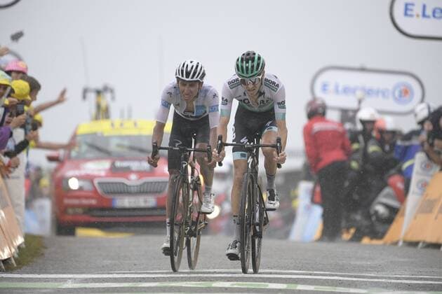 Colombian Egan Bernal of Team Ineos and German Emanuel Buchmann of Bora-Hansgrohe finishing the stage 15 of the 106th edition of the Tour de France cycling race, from Limoux to Foix Prat d Albis (185km), in France, Sunday 21 July 2019. This year s Tour de France starts in Brussels and takes place from July 6th to July 28th. YORICKxJANSENS  x05631507x