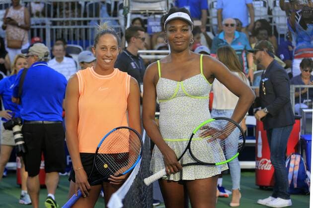 ATLANTA, GA - JULY 21: Madison Keys (l) and Venus Williams (r) prior to their exhibition tennis match on July 21, 2019 at Stadium Court in Atlantic Station in Atlanta, GA. (Photo by David John Griffin Icon Sportswire) TENNIS: JUL 21 Atlanta Open Icon9531907210071