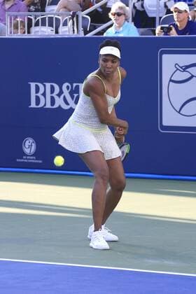 ATLANTA, GA - JULY 21: Venus Williams hits a backhand during the exhibition tennis match between Venus Williams and Madison Keys on July 21, 2019 at Stadium Court in Atlantic Station in Atlanta, GA. (Photo by David John Griffin Icon Sportswire) TENNIS: JUL 21 Atlanta Open Icon9531907210096