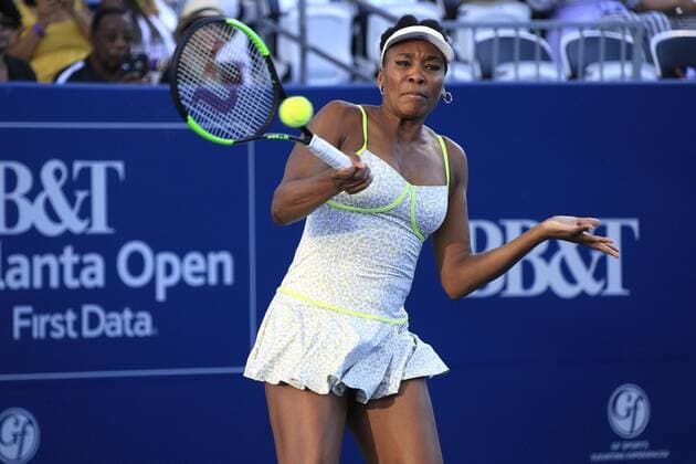 ATLANTA, GA - JULY 21: Venus Williams returns serve during the exhibition tennis match between Venus Williams and Madison Keys on July 21, 2019 at Stadium Court in Atlantic Station in Atlanta, GA. (Photo by David John Griffin Icon Sportswire) TENNIS: JUL 21 Atlanta Open Icon9531907210230