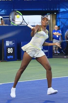 ATLANTA, GA - JULY 21: Venus Williams hits a forehand stroke during the exhibition tennis match between Venus Williams and Madison Keys on July 21, 2019 at Stadium Court in Atlantic Station in Atlanta, GA. (Photo by David John Griffin Icon Sportswire) TENNIS: JUL 21 Atlanta Open Icon9531907210363