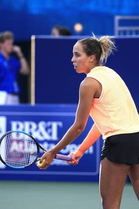 ATLANTA, GA - JULY 21: Madison Keys serves during the exhibition tennis match between Venus Williams and Madison Keys on July 21, 2019 at Stadium Court in Atlantic Station in Atlanta, GA. (Photo by David John Griffin Icon Sportswire) TENNIS: JUL 21 Atlanta Open Icon9531907210456