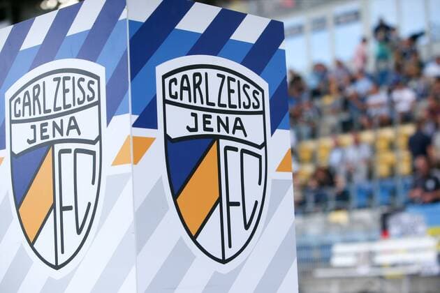 Jena Ingolstadt Fussball 3 Liga Jena, 22 07 2019, Ernst Abbe Sportfeld, Fußball, Herren, 3 Liga, 1 Spieltag , FC Carl Zeiss Jena FC Ingolstadt 04 1 2 0 0 , Im Bild Carl Zeiss Jena Logo , According to the guidelines of the DFB Deutscher Fußball Bund it is forbidden to use or have used in the stadium and or from the match taken photographs in the form of sequence pictures and or video-like photo series DFB regulations prohibit any use of photographs as image sequences and or quasi video