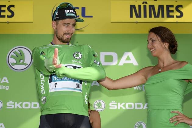 Slovakian Peter Sagan of Bora-Hansgrohe celebrates on the podium in the green jersey of leader in the sprint ranking after stage 16 of the 106th edition of the Tour de France cycling race, from and to Nimes (177 km), France, Tuesday 23 July 2019. This year s Tour de France starts in Brussels and takes place from July 6th to July 28th. YORICKxJANSENS  x05632316x