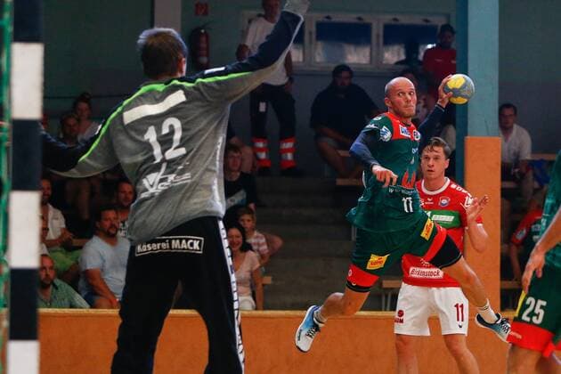 23 07 2019, xtgx, handball test match, SC Magdeburg TV Huettenberg emspor, v l Tim Hornke Magdeburg scores goal, goal scorer, scores goal, scores goal Schoenebeck, Germany
