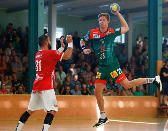 23 07 2019, xtgx, handball test match, SC Magdeburg TV Huettenberg emspor, v l Hannes Bransche Magdeburg scores goal, goal scorer, scores the goal Schoenebeck, Germany