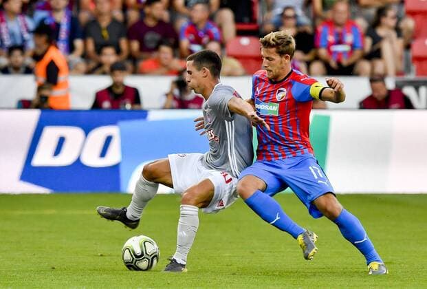 From left soccer players of Olympiakos DANIEL PODENCE and PATRIK HROSOVSKY of Viktoria in action during the Football Champions League 2nd qualifying round match: Viktoria Plzen vs Olympiakos Piraeus in Pilsen, Czech Republic, July 23, 2019. (CTKxPhoto VitxSimanek) CTKPhotoP201907230889701  VIS 001