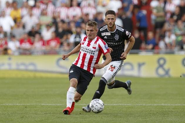 EINDHOVEN, 23-07-2019, Champions League preliminary round. Season 2019-2020. Philips Stadion. PSV - Basel. PSV player Michal Sadilek and Basel player Ricky van Wolfswinkel PSV - Basel  x3962909x Copyright: