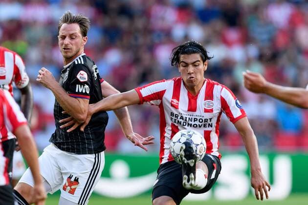 Eindhoven, Netherlands, 24 07 2019, UEFA Champions League, Second qualifying round, PSV Eindhoven FC Basel , Ricky van Wolfswinkel Basel and Erick Gutierrez PSV in the duel, battle for the ball Defodi 01001216540 Defodi-001